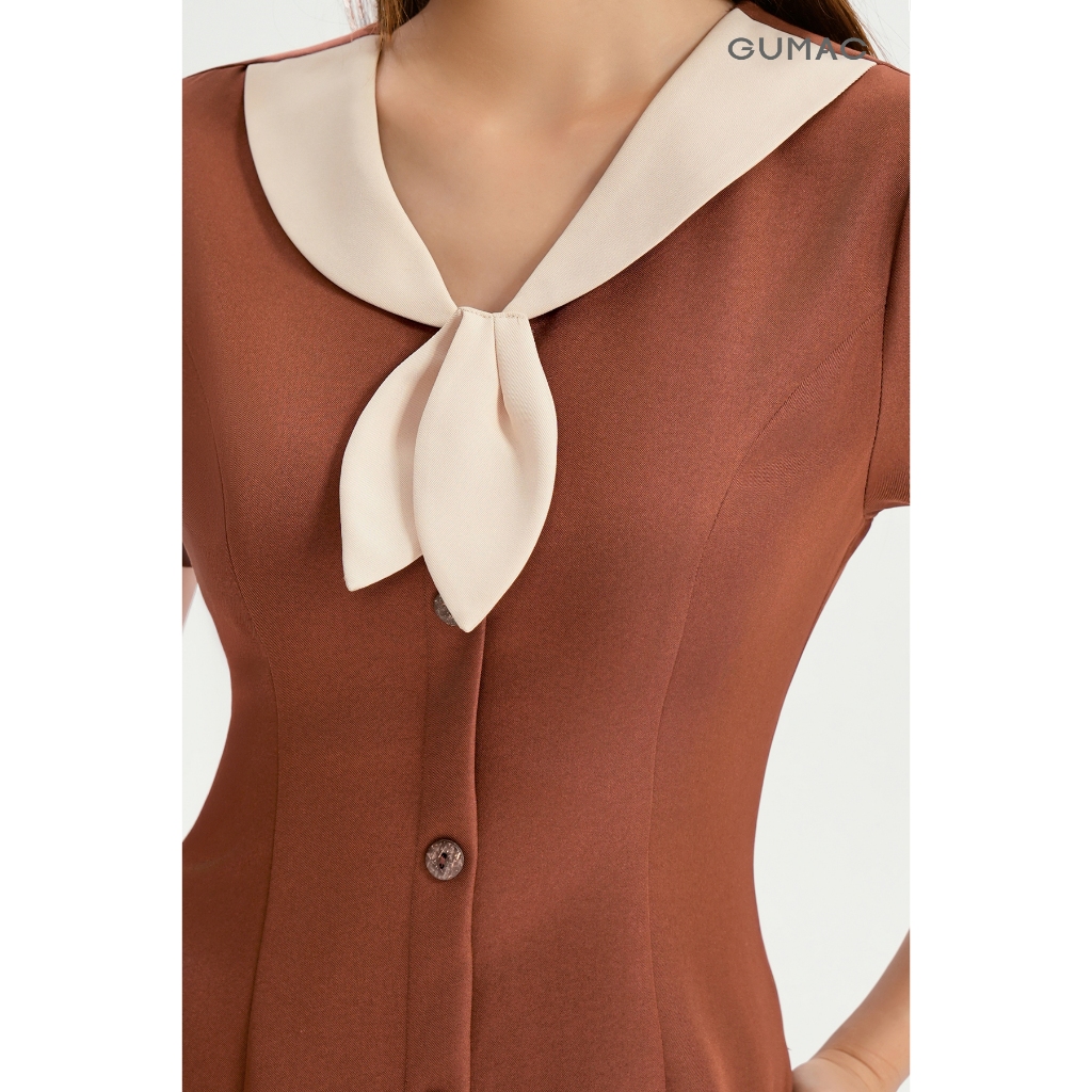 Đầm Chữ A Nữ GUMAC Váy Công Sở Dáng Xòe Cổ V Phối Bâu Đính Hoa Nút Gỗ Vintage Tôn Dáng LDG0304