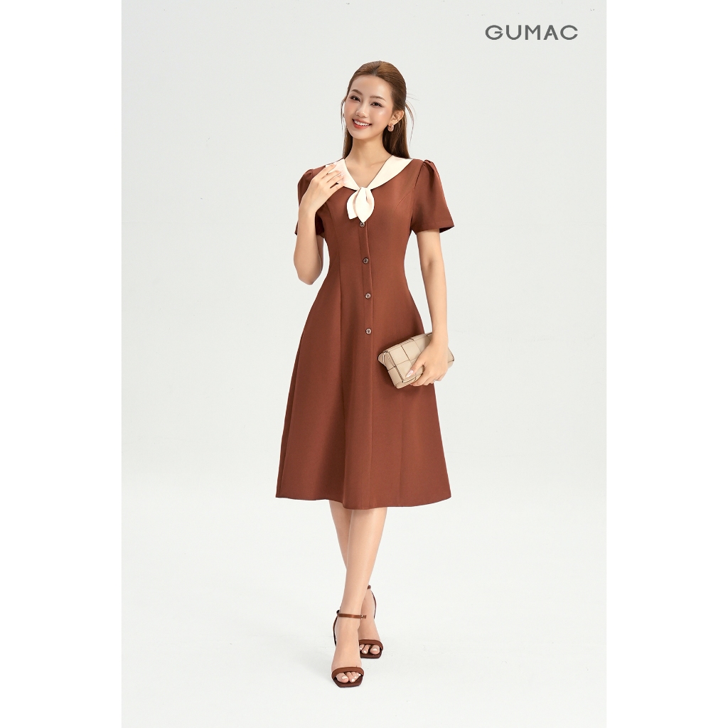 Đầm Chữ A Nữ GUMAC Váy Công Sở Dáng Xòe Cổ V Phối Bâu Đính Hoa Nút Gỗ Vintage Tôn Dáng LDG0304