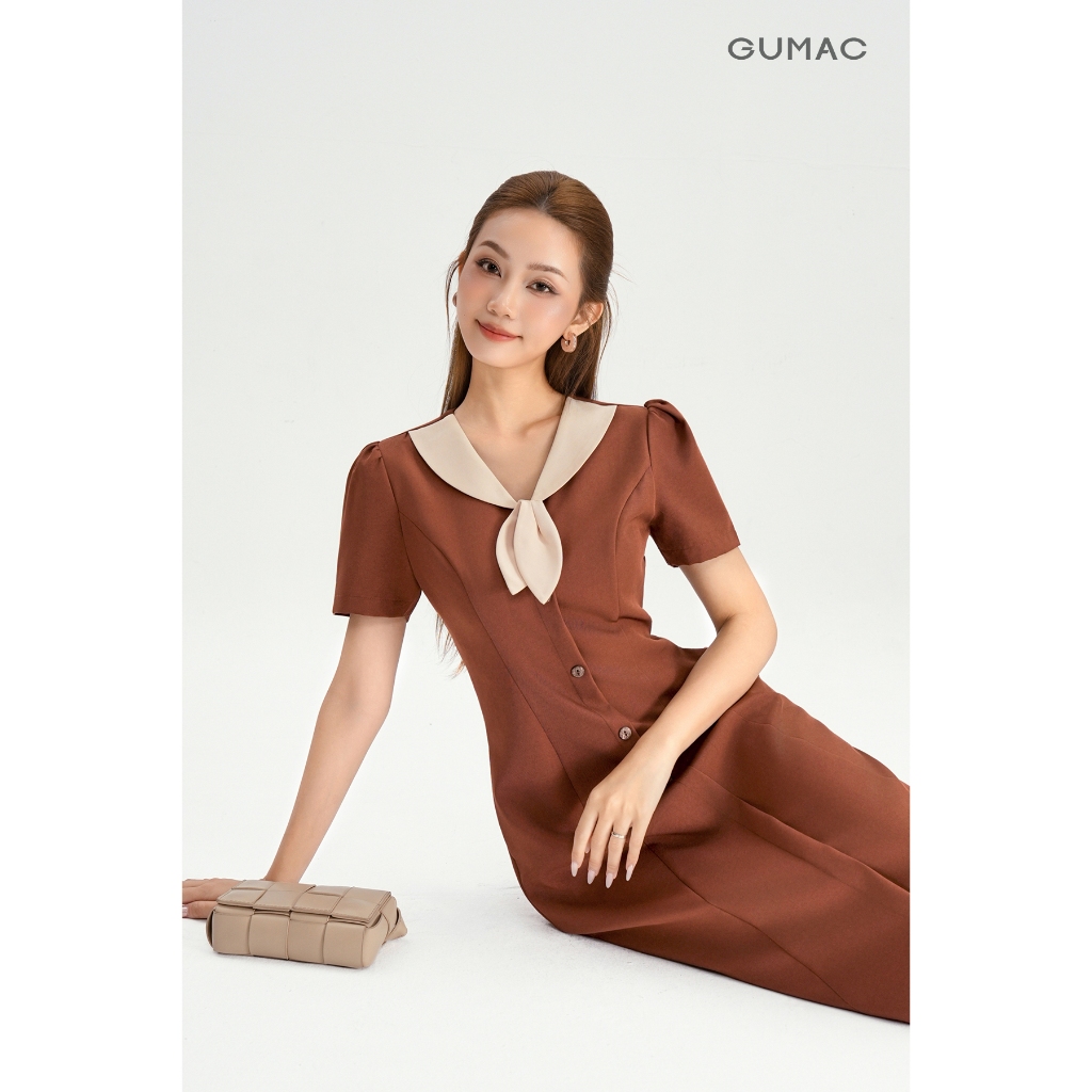 Đầm Chữ A Nữ GUMAC Váy Công Sở Dáng Xòe Cổ V Phối Bâu Đính Hoa Nút Gỗ Vintage Tôn Dáng LDG0304