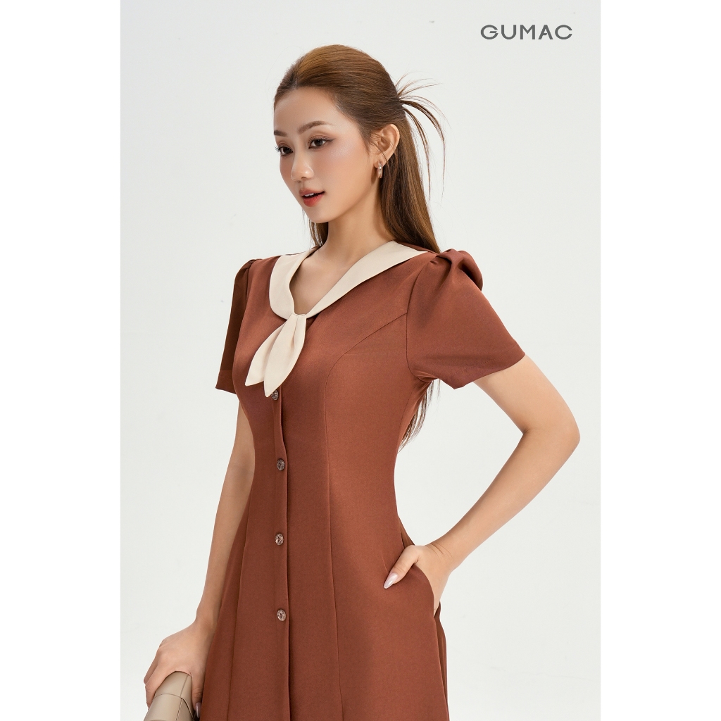 Đầm Nữ Dáng A Xòe GUMAC Cổ V Phối Bâu Cổ Hoa Tay Phồng Nhẹ Có Đính Nút Trang Trí LDG0304