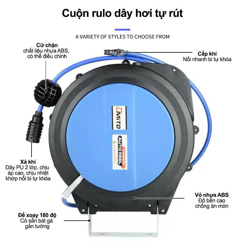 Cuộn Dây Hơi Tự Rút Khí Nén Phi 10 10x6.5mm 10m-15m-20m-30m Dây Khí Nén PU Rulo Tự Thu Treo Tường