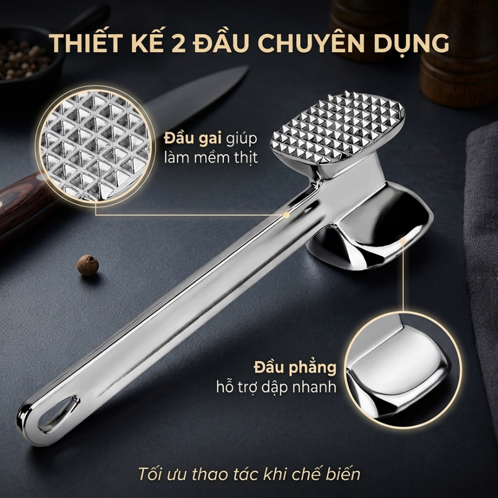 BÚA ĐẬP THỊT CAO CẤP CÁN DÀI - Búa hai đầu giã gừng tỏi, chất liệu inox bền bỉ