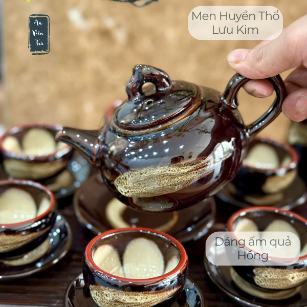 Bộ ấm chén men Huyền Thổ Lưu Kim Bát Tràng cao cấp - Dáng ấm Quả Hồng - Men hỏa biến - Đủ phụ kiện