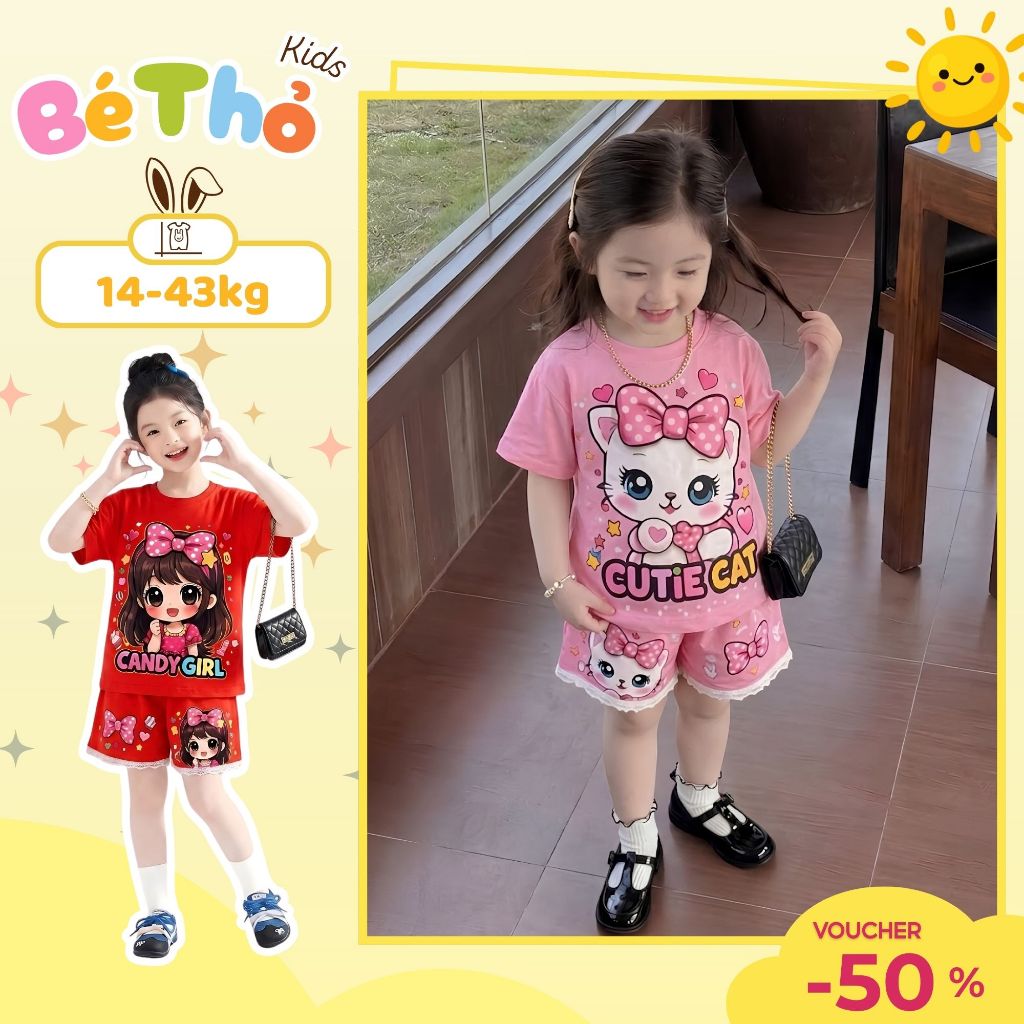 ( COMBO 1-2-3 ) ( CHẤT THUN LẠNH ) Bộ bé gái mẫu cute cat sz 14 - 43kg, bộ quần áo bé gái mùa hè năng động dễ thương