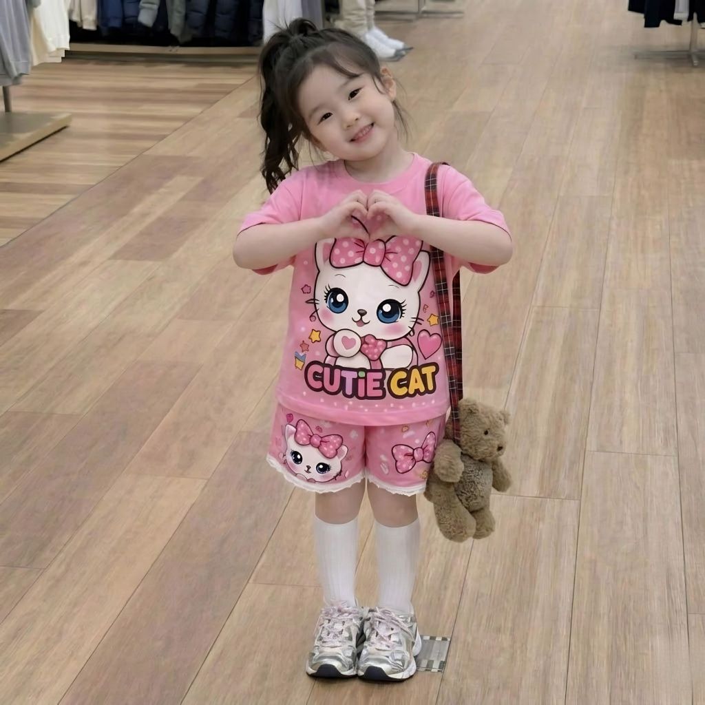 ( COMBO 1-2-3 ) ( CHẤT THUN LẠNH ) Bộ bé gái mẫu cute cat sz 14 - 43kg, bộ quần áo bé gái mùa hè năng động dễ thương