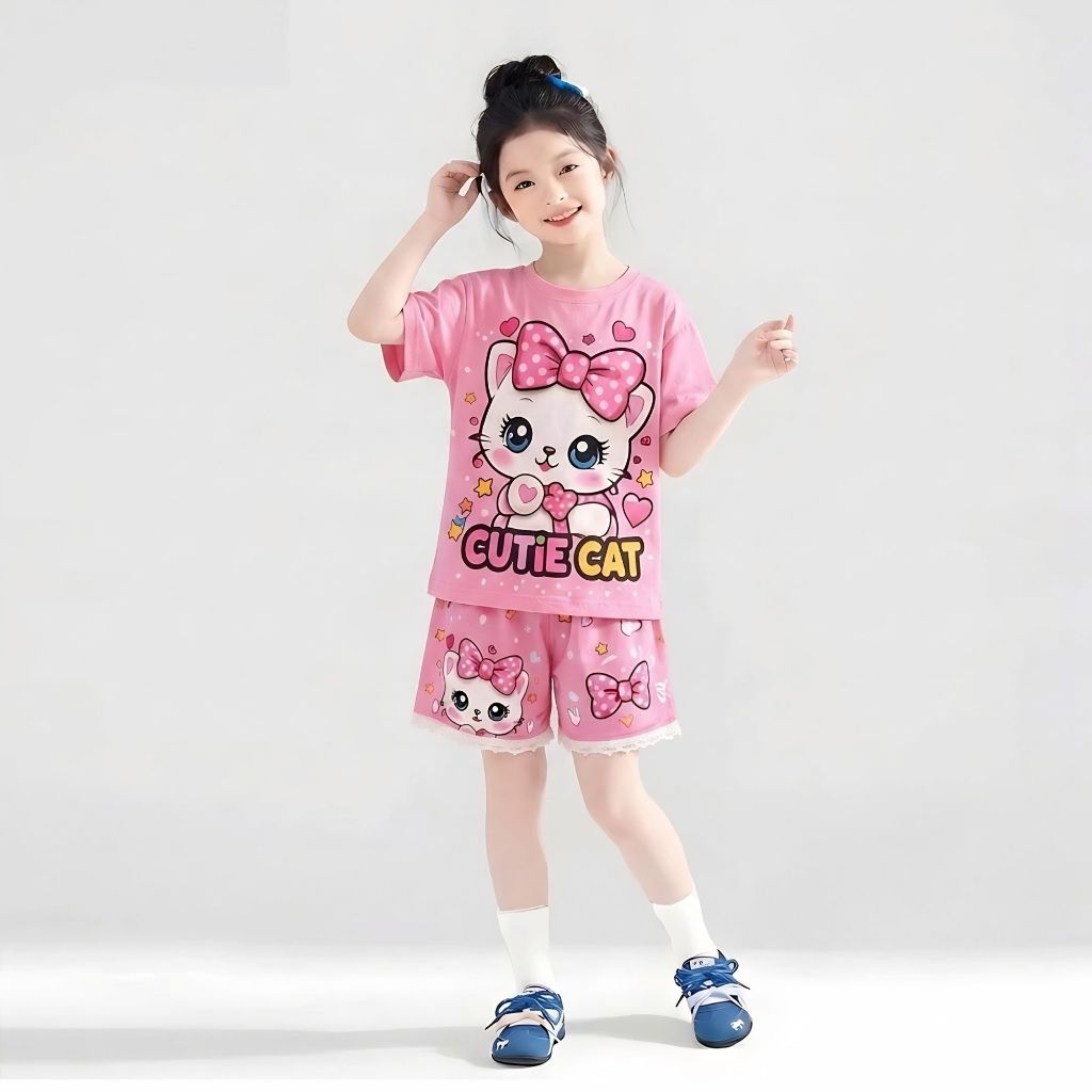 ( COMBO 1-2-3 ) ( CHẤT THUN LẠNH ) Bộ bé gái mẫu cute cat sz 14 - 43kg, bộ quần áo bé gái mùa hè năng động dễ thương