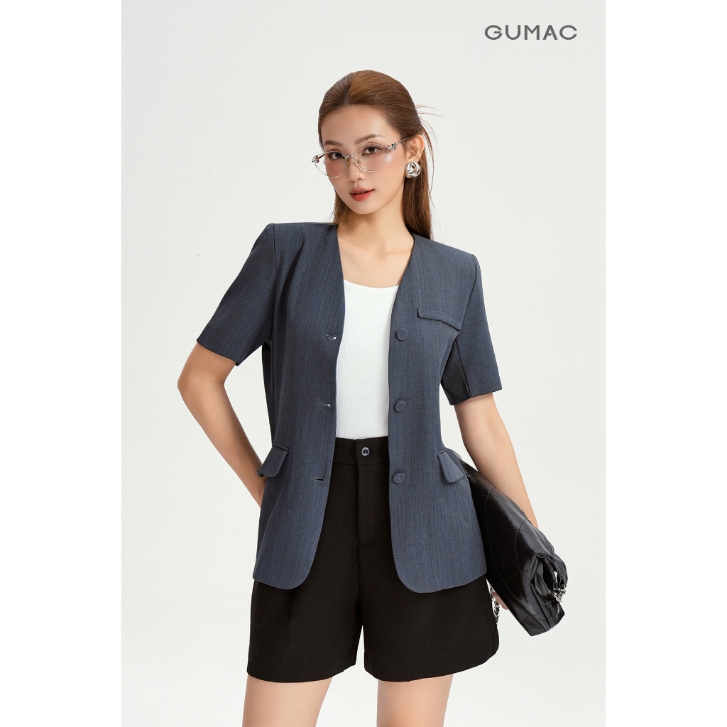 Áo Blazer Tay Ngắn GUMAC Dáng Suông Đệm Vai Mỏng Thiết Kế 2 Lớp Cao Cấp LOWG0104