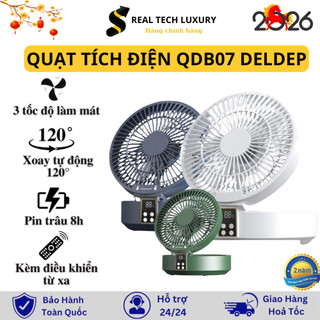 Quạt Tích Điện QDB07 DELADEP Thông Minh, Điều Khiển Từ Xa 3 Tốc Độ Gió Xoay 120°, Bảo Hành 2 Năm