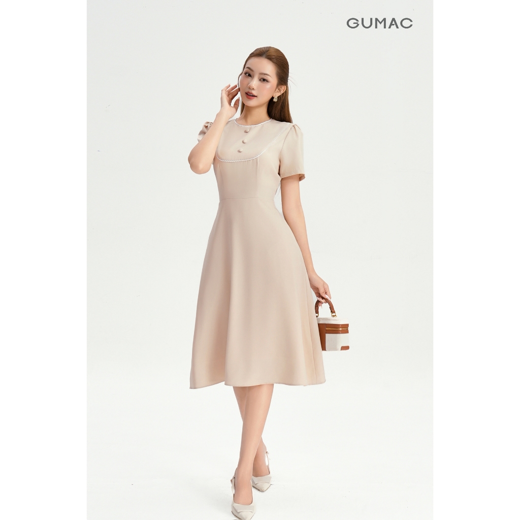 Đầm Dáng A Nữ GUMAC Váy Công Sở Tay Ngắn Phối Viền Ren Dáng Dài Qua Gối LDG0402
