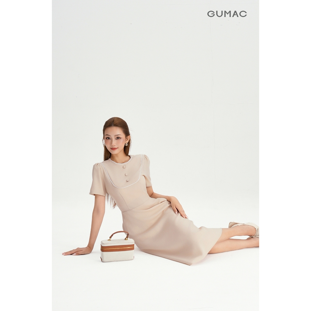 Đầm Dáng A Nữ GUMAC Váy Công Sở Tay Ngắn Phối Viền Ren Dáng Dài Qua Gối LDG0402