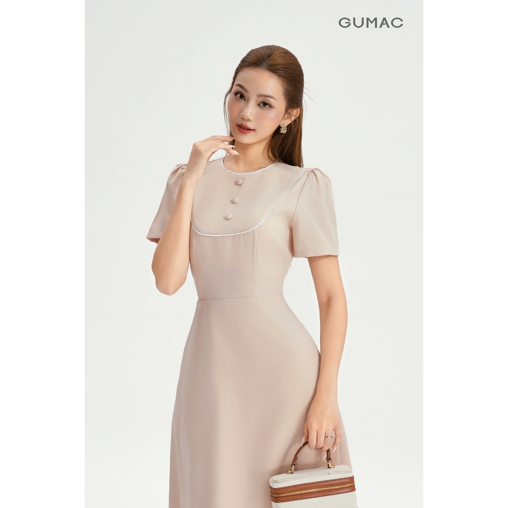 Đầm Dáng A Nữ GUMAC Váy Công Sở Tay Ngắn Phối Viền Ren Dáng Dài Qua Gối LDG0402