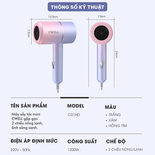 Máy Sấy Tóc Mini CWELL Gấp Gọn C01HD - 2 Chiều Nóng Lạnh, Công Suất 1200W, Ánh Sáng Xanh Bảo Vệ Tóc