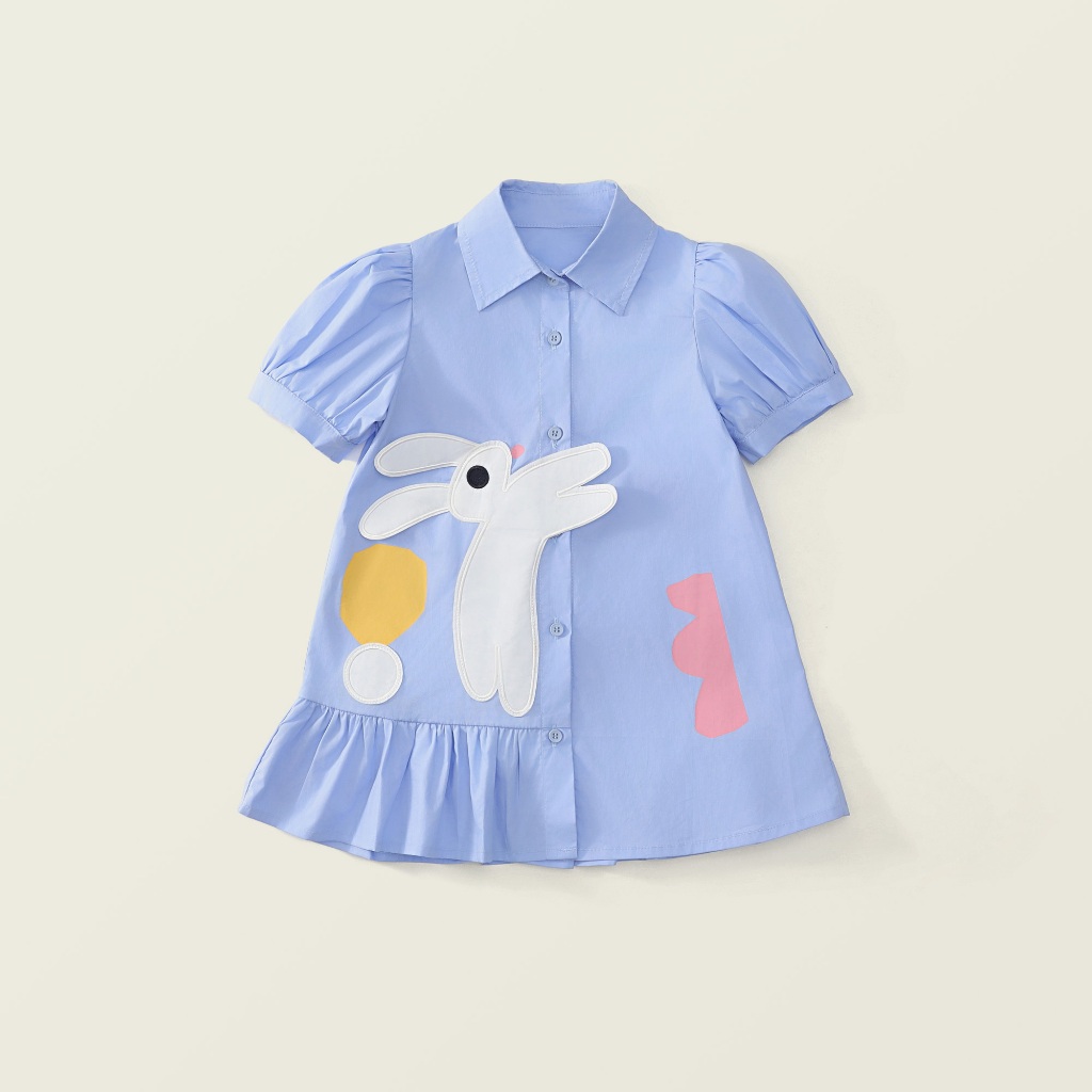 Váy Cho Bé Gái HANIA KIDS Sơ Mi Dáng Chữ A Thiết Kế Tay Phồng Họa Tiết Con Thỏ Đáng Yêu