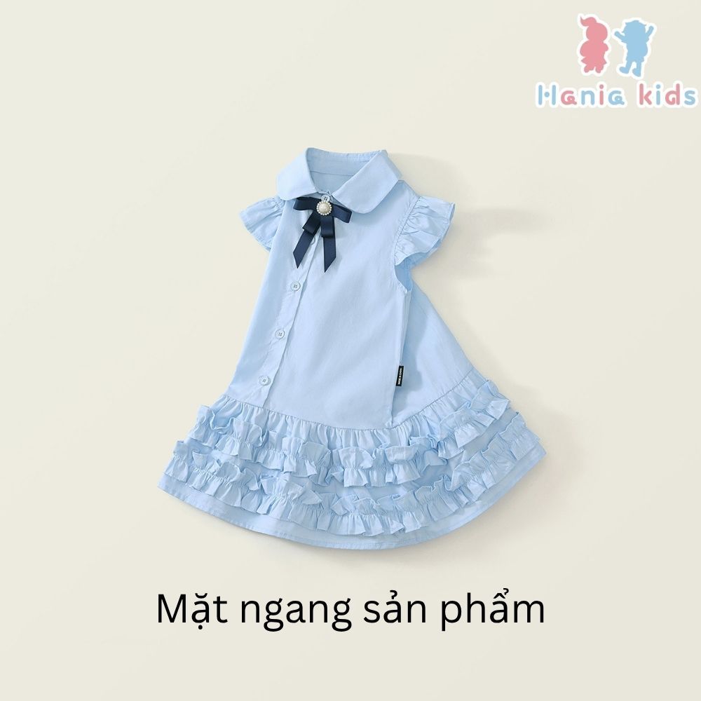 Váy Bé Gái Hania Kids Kiểu Sơ Mi Nơ Xanh Phối Bèo Tầng Dễ Thương Chất Liệu Cotton Mềm Mại