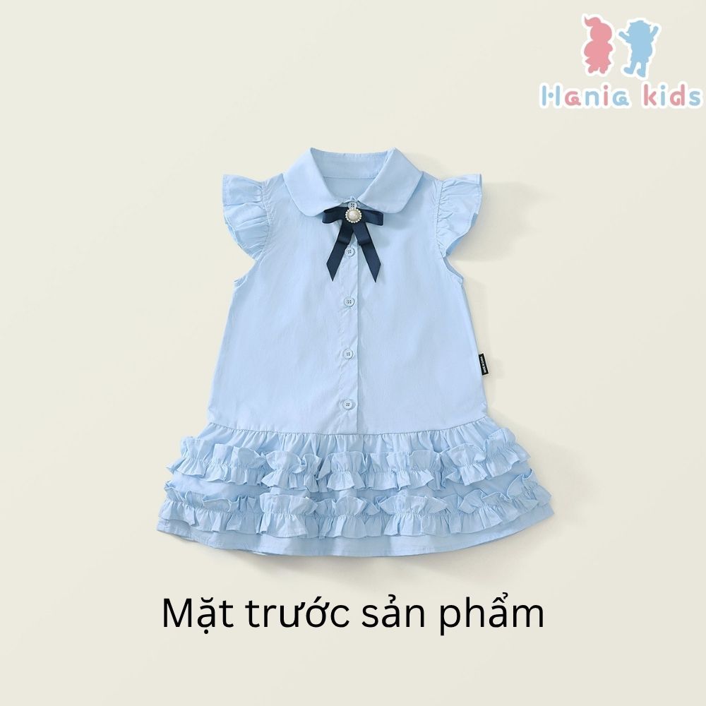 Váy Bé Gái Hania Kids Kiểu Sơ Mi Nơ Xanh Phối Bèo Tầng Dễ Thương Chất Liệu Cotton Mềm Mại