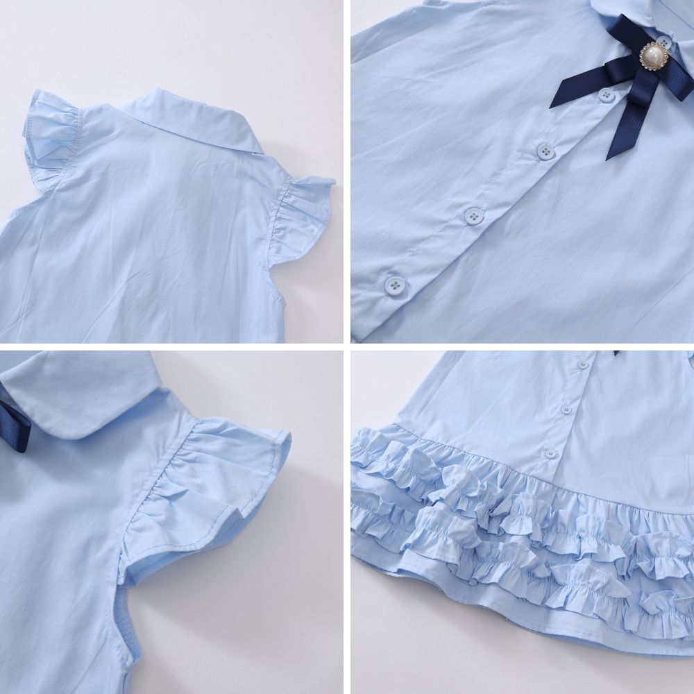 Váy Bé Gái Hania Kids Kiểu Sơ Mi Nơ Xanh Phối Bèo Tầng Dễ Thương Chất Liệu Cotton Mềm Mại