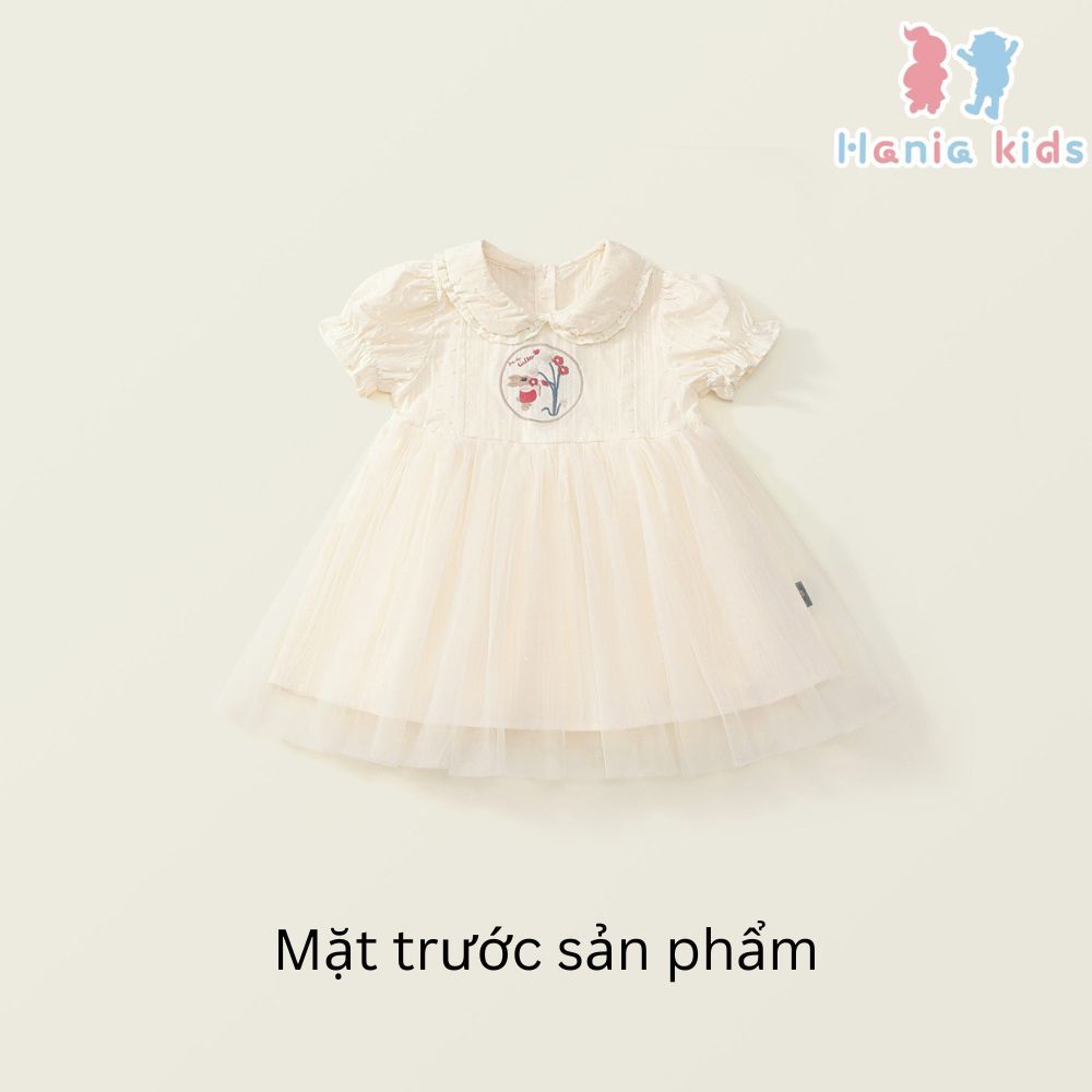 Váy Cho Bé Gái, Váy Công Chúa Phối Ren Trắng Cổ Tròn Thêu Họa Tiết Thỏ Chất Liệu Mềm Mại