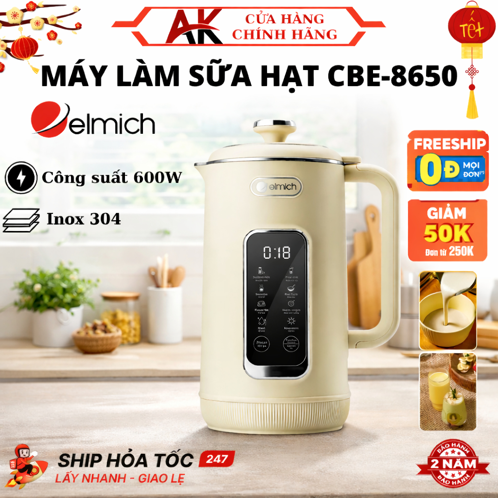 Máy Làm Sữa Hạt Elmich 1L CBE-8650 Có 7 Chế Độ Nấu, Tự Làm Sạch, Điều Khiển Cảm Ứng