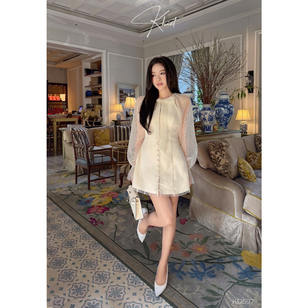 Đầm suông lưới hoa nhí kem cổ nơ thanh lịch nhẹ nhàng nữ tính hiện đại Khiết KD597