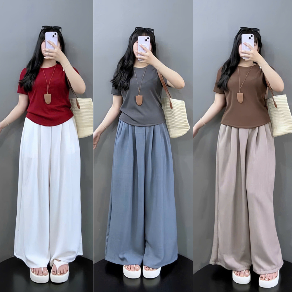 Sét Bigsize Nữ Quần Đũi Suông Ống Rộng Mix Áo Thun Gân Trơn Phù Hợp Đi Làm Đi Chơi G244+Q564