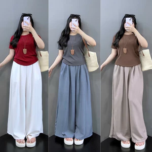 Sét Bigsize Nữ Quần Đũi Suông Ống Rộng Mix Áo Thun Gân Trơn Phù Hợp Đi Làm Đi Chơi G244+Q564