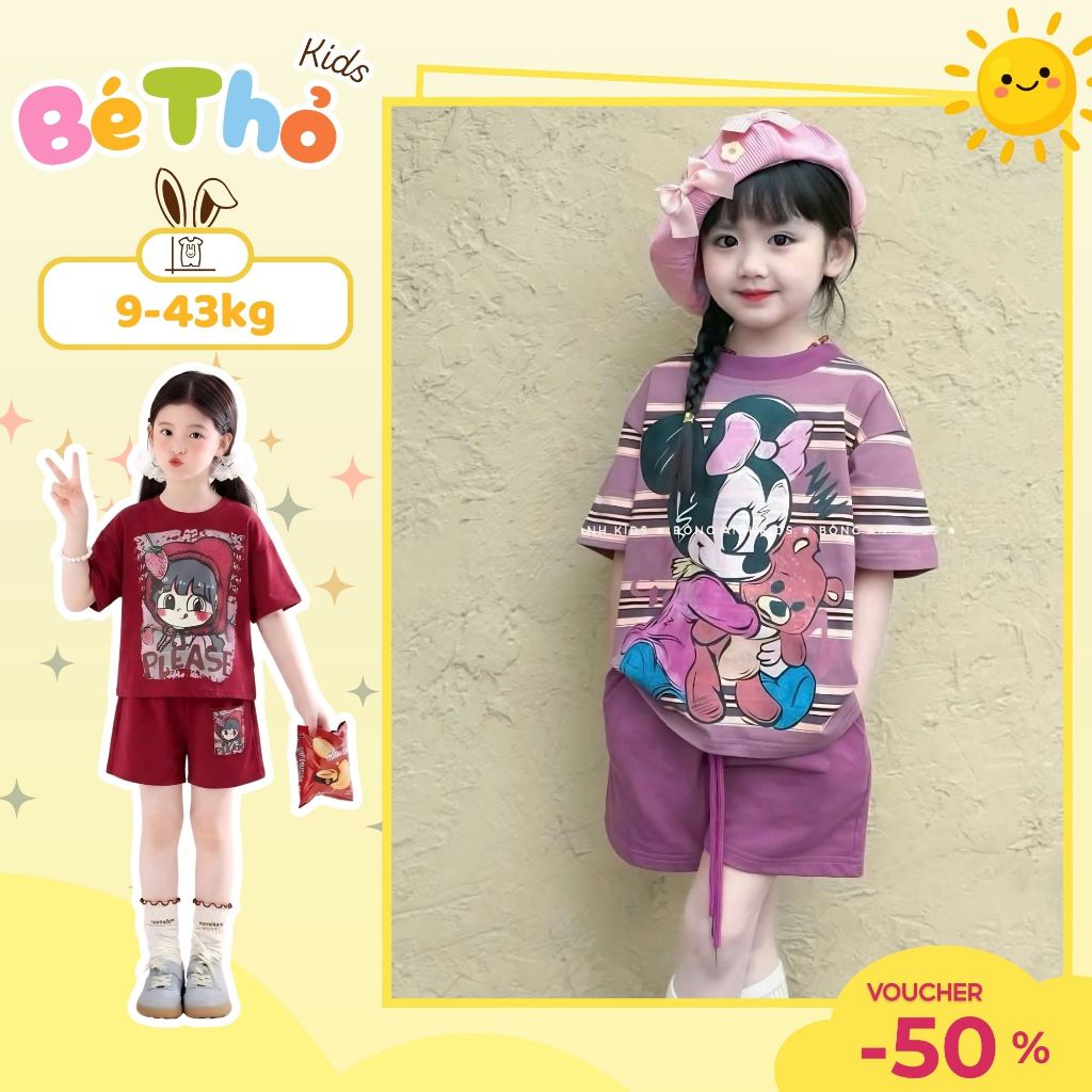 Bộ bé Dâu mùa hè bé gái chất cotton sz 9 - 42 kg 3 màu cho các bé lựa chọn