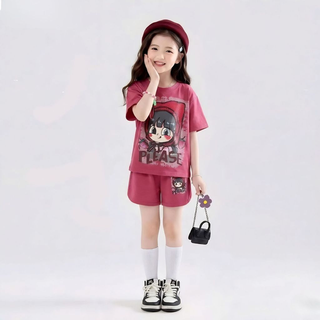 Bộ bé Dâu mùa hè bé gái chất cotton sz 9 - 42 kg 3 màu cho các bé lựa chọn