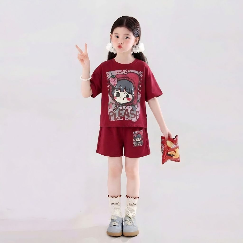 Bộ bé Dâu mùa hè bé gái chất cotton sz 9 - 42 kg 3 màu cho các bé lựa chọn