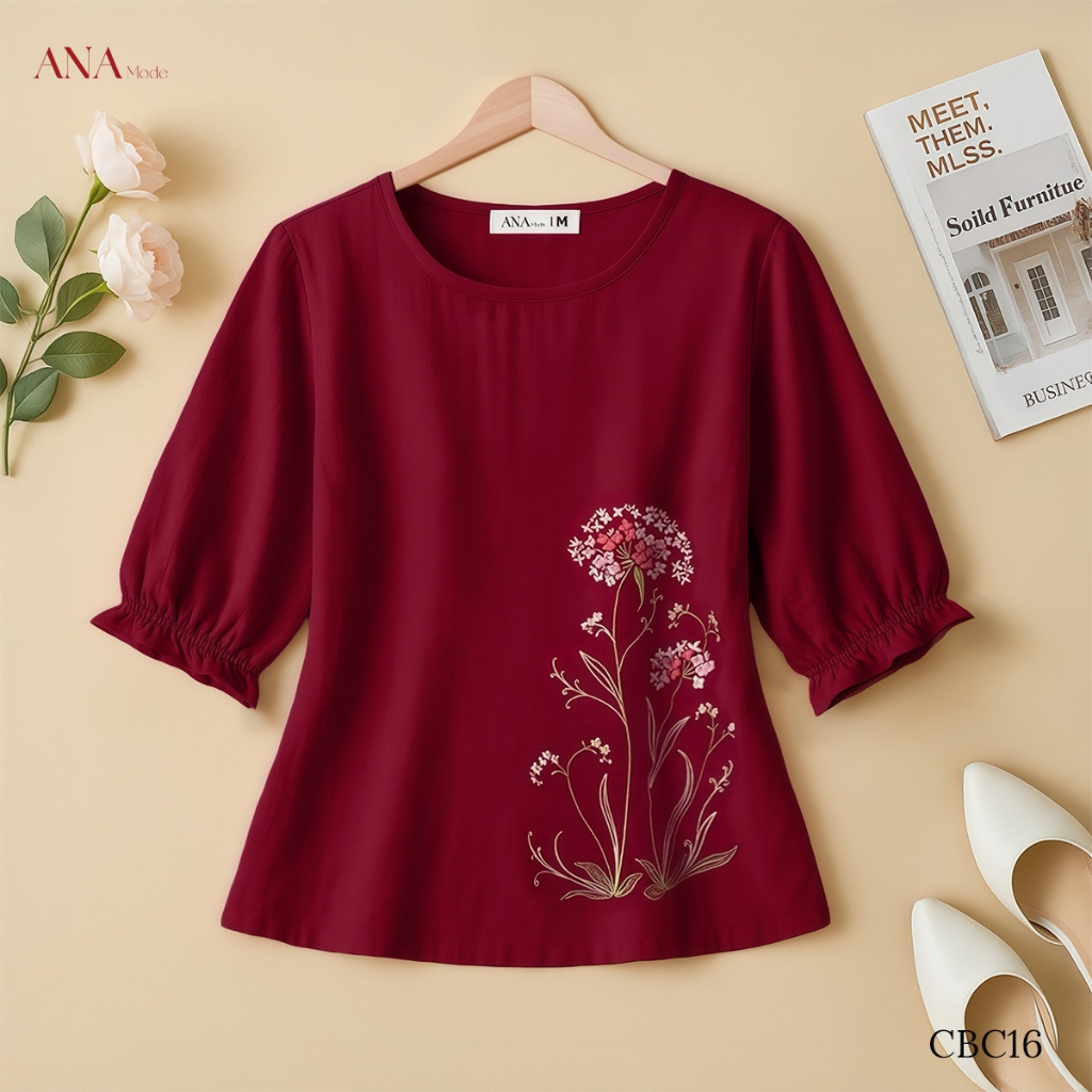 Áo Kiểu Thêu Hoa Trung Niên ANA Mode Chất Liệu Linen Thun Cao Cấp Đi Chơi Quà Tặng Mẹ AK25CBC16