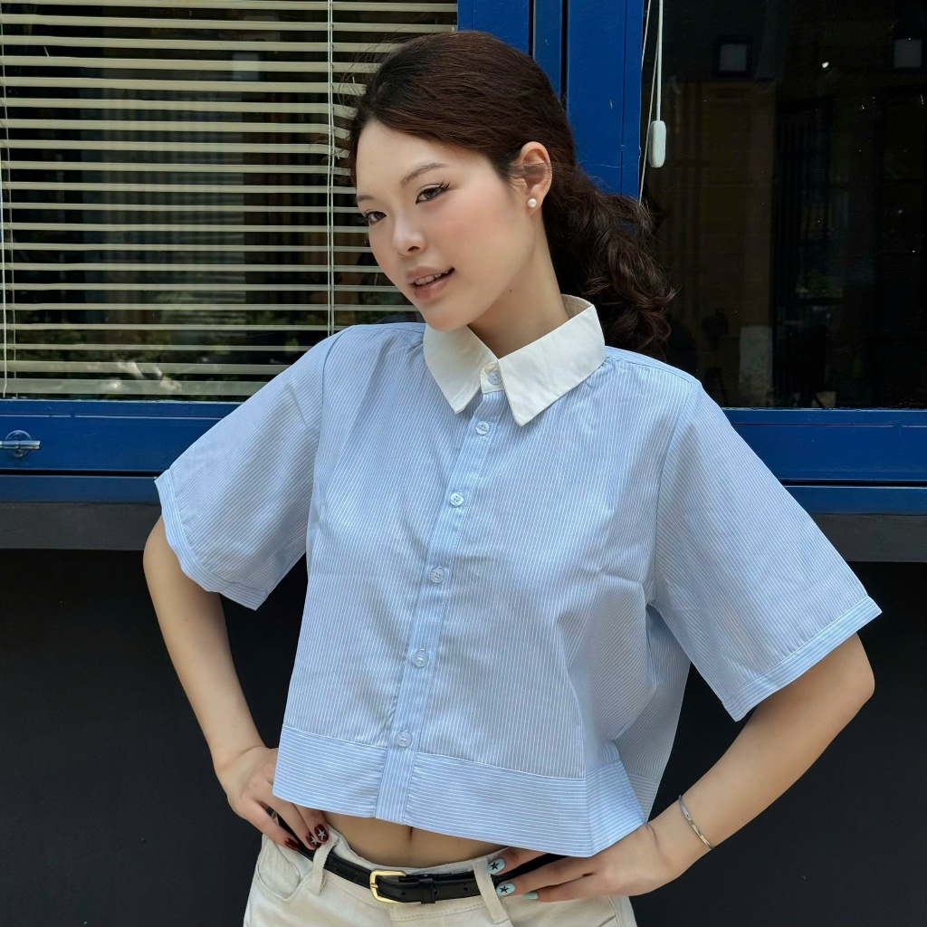 [BST Hè 2026] Áo Sơ Mi Croptop Tay Ngắn, Form Rộng Sọc Nhẹ, Phong Cách Hàn Quốc - SM001 - VIESOUL