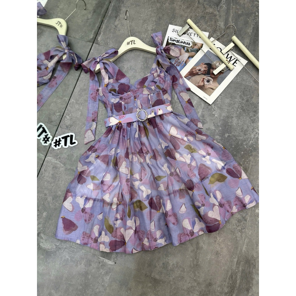 Đầm cúp ngực ZMM hoa thắt nơ vai kèm đai