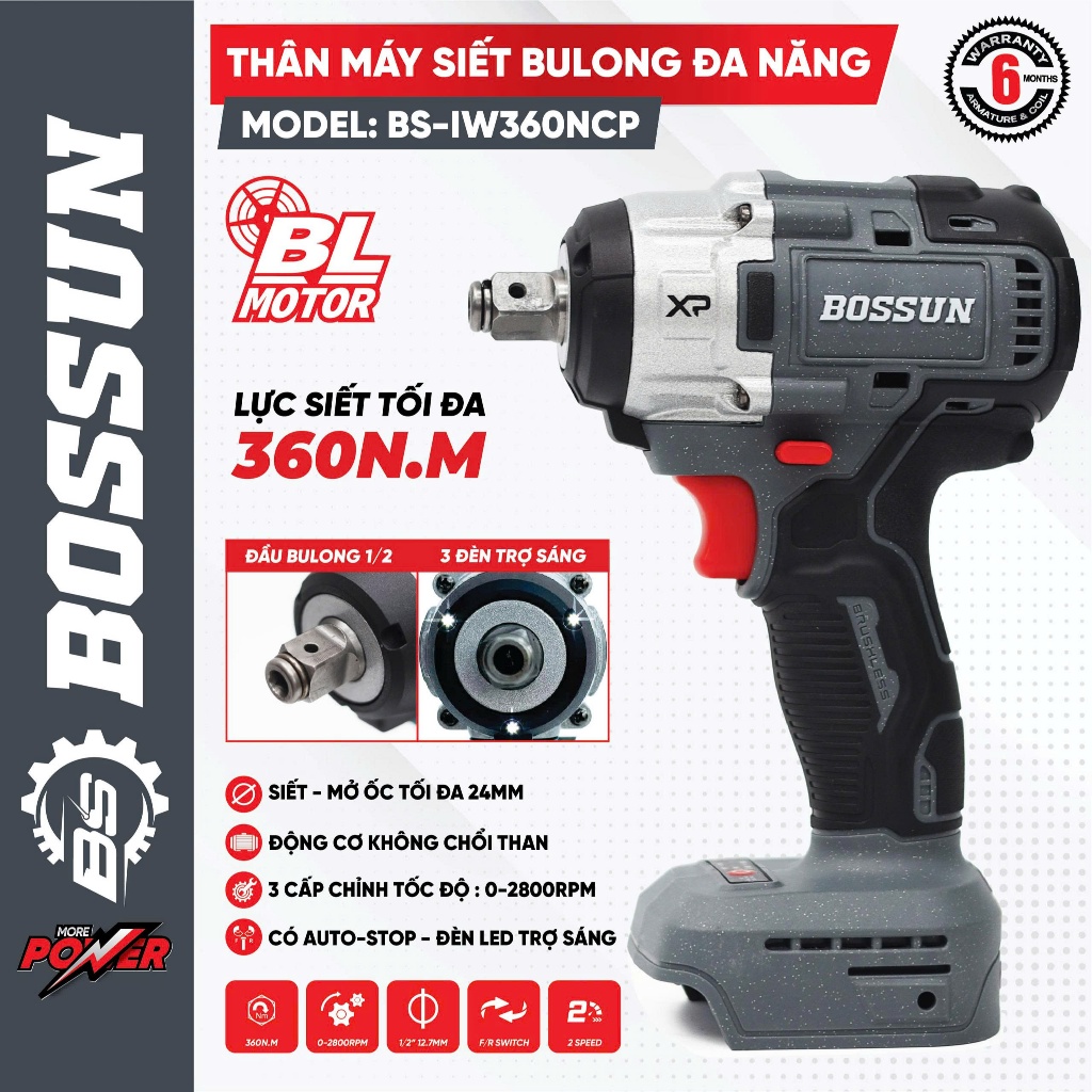 Máy Siết Bulong Pin BOSSUN BS-IW360NCP 21V – Động Cơ Brushless, Lực Siết 360Nm, 3 Cấp Tốc Độ, Kèm 26 Phụ Kiện