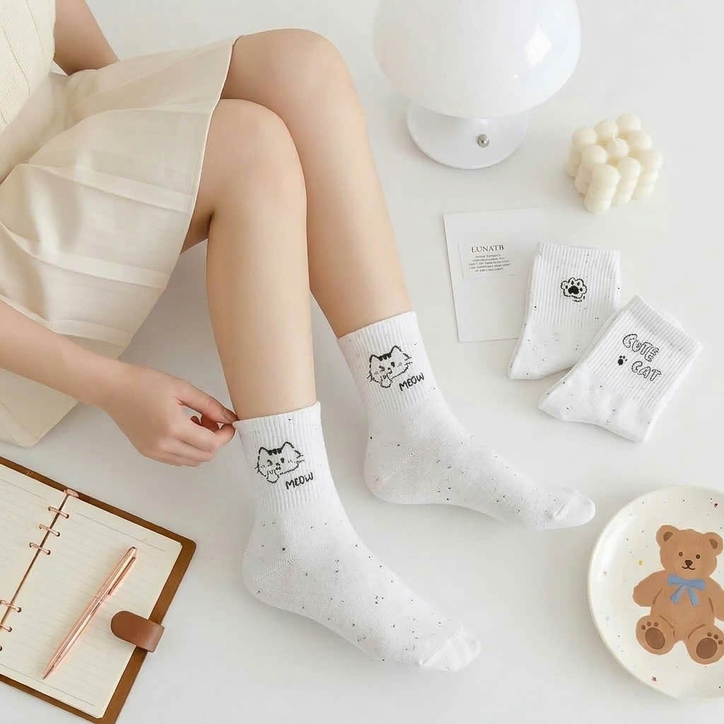 Tất vớ cổ trung trắng đen họa tiết mèo cute, chất liệu mềm mại thoáng khí - Ekiu Perseper