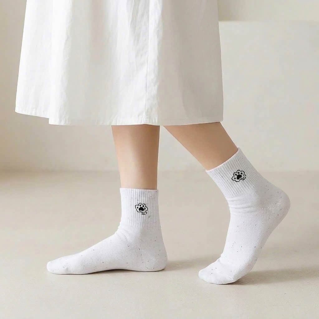 Tất vớ cổ trung trắng đen họa tiết mèo cute, chất liệu mềm mại thoáng khí - Ekiu Perseper