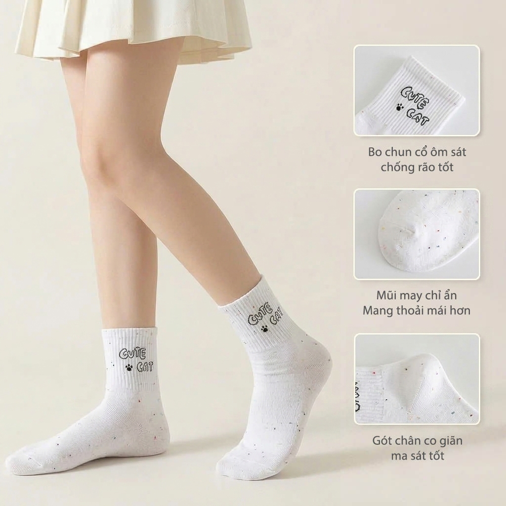 Tất vớ cổ trung trắng đen họa tiết mèo cute, chất liệu mềm mại thoáng khí - Ekiu Perseper