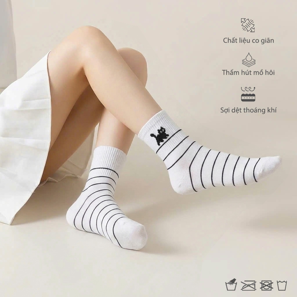 Tất vớ cổ trung trắng đen họa tiết mèo cute, chất liệu mềm mại thoáng khí - Ekiu Perseper