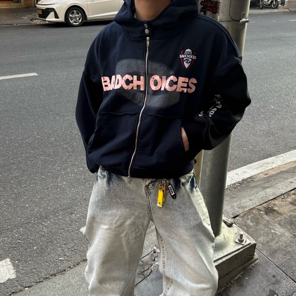 Bad Choices | Áo Hoodie Zip ERROR nỉ chân cua thêu logo phối tay form boxy