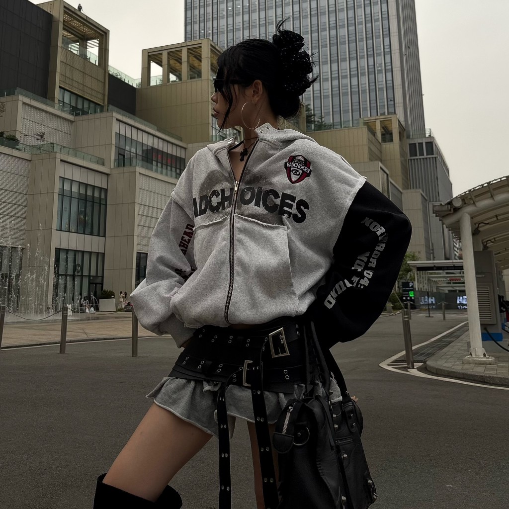 Bad Choices | Áo Hoodie Zip ERROR nỉ chân cua thêu logo phối tay form boxy