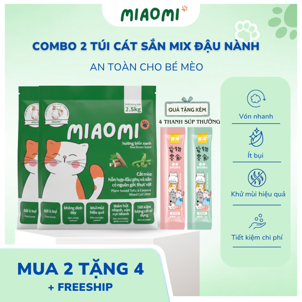 Combo 2 Túi Cát Mèo MiaoMi - Hương Biển Xanh, Siêu Vón, Khử Mùi Hiệu Quả, Không Bết Đáy