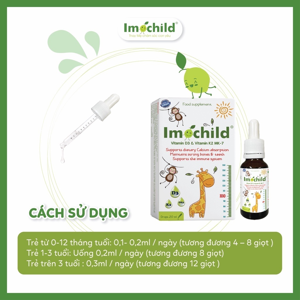 [✨MẸ DÙNG BÉ KHỎE] Vitamin D3 K2 Imochild 20ml Giúp Bé Phát Triển Chiều Cao Khỏe Mạnh Chuẩn Châu Âu
