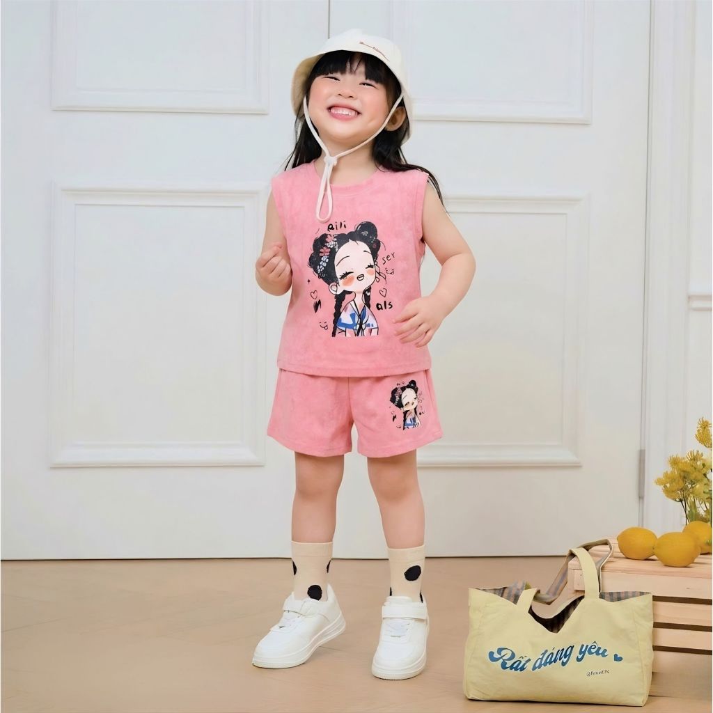 Bộ 3 lỗ in Cô Gái Tóc Xù sz 9 - 38 kg quần áo bé gái mùa hè chất cotton