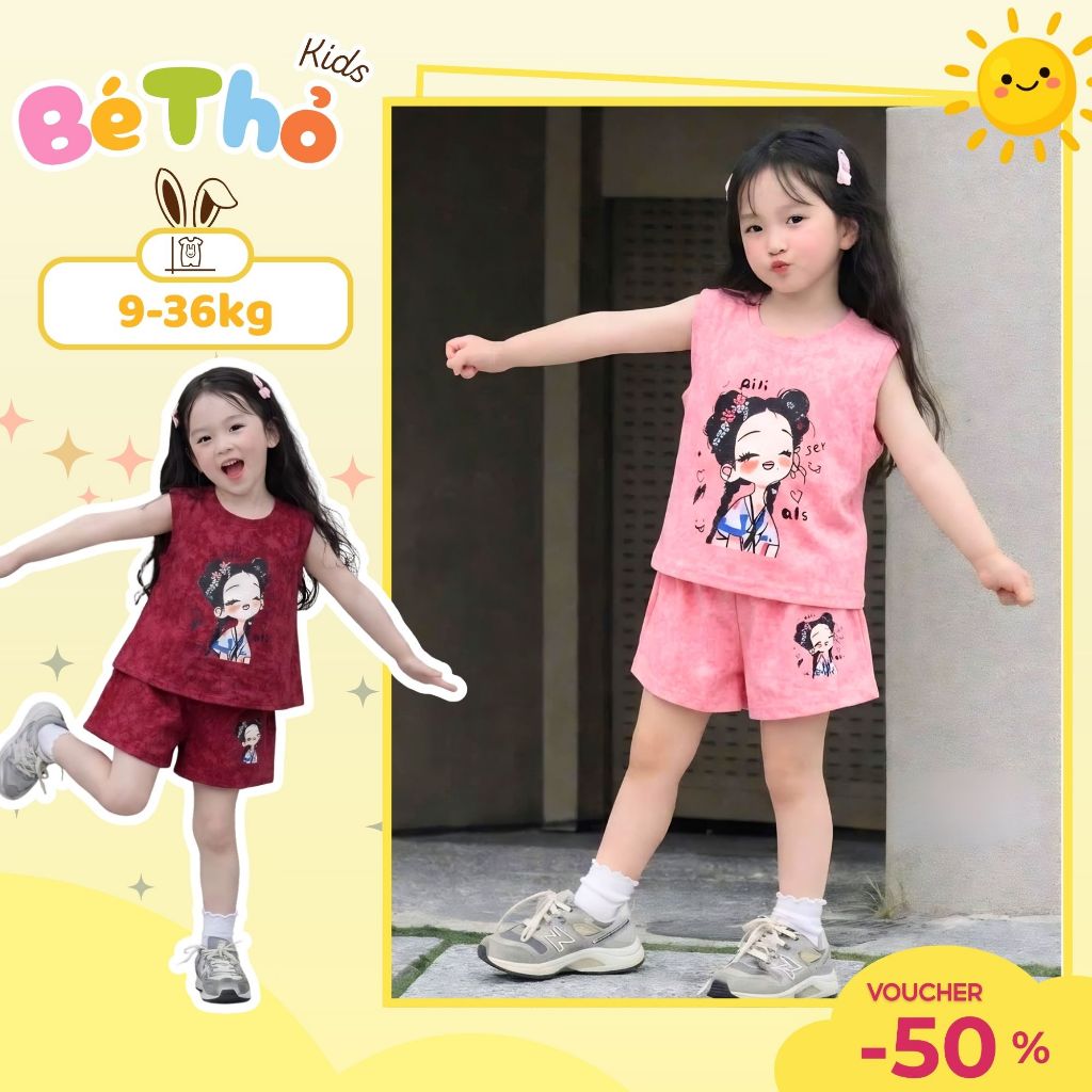 Bộ 3 lỗ in Cô Gái Tóc Xù sz 9 - 38 kg quần áo bé gái mùa hè chất cotton
