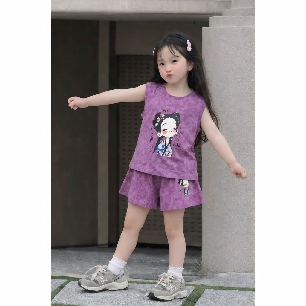 Bộ 3 lỗ in Cô Gái Tóc Xù sz 9 - 38 kg quần áo bé gái mùa hè chất cotton