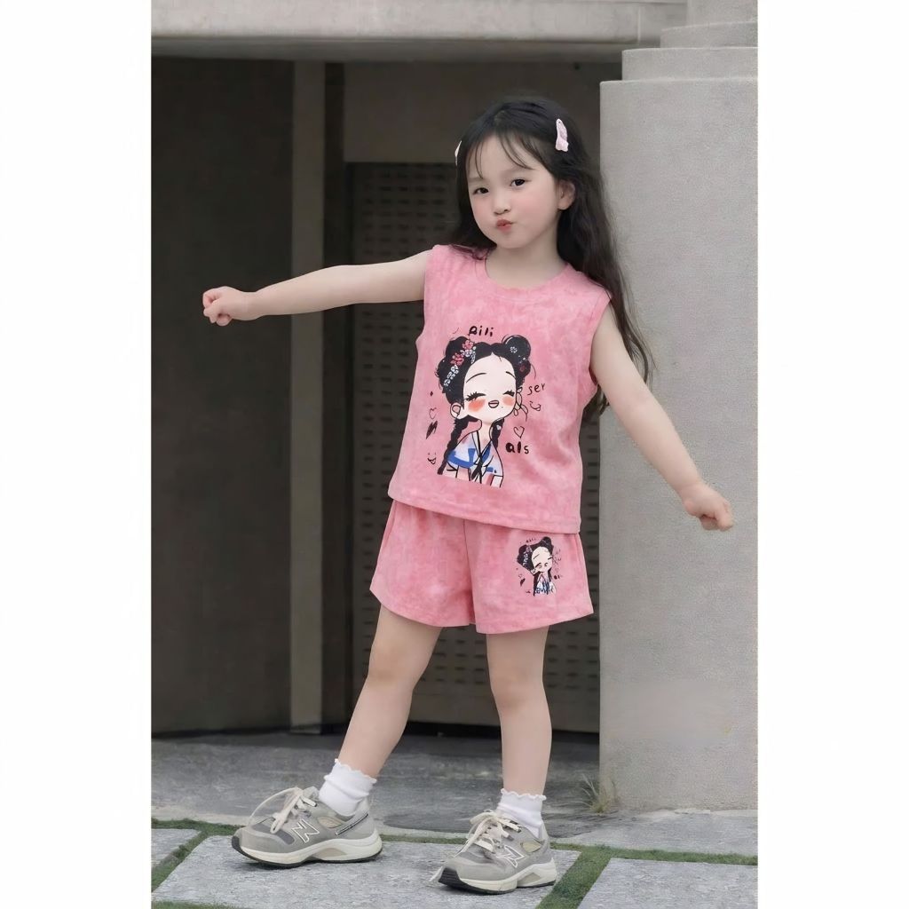 Bộ 3 lỗ in Cô Gái Tóc Xù sz 9 - 38 kg quần áo bé gái mùa hè chất cotton