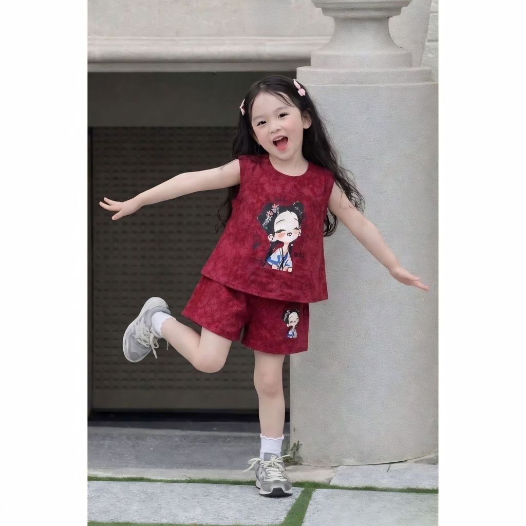 Bộ 3 lỗ in Cô Gái Tóc Xù sz 9 - 38 kg quần áo bé gái mùa hè chất cotton