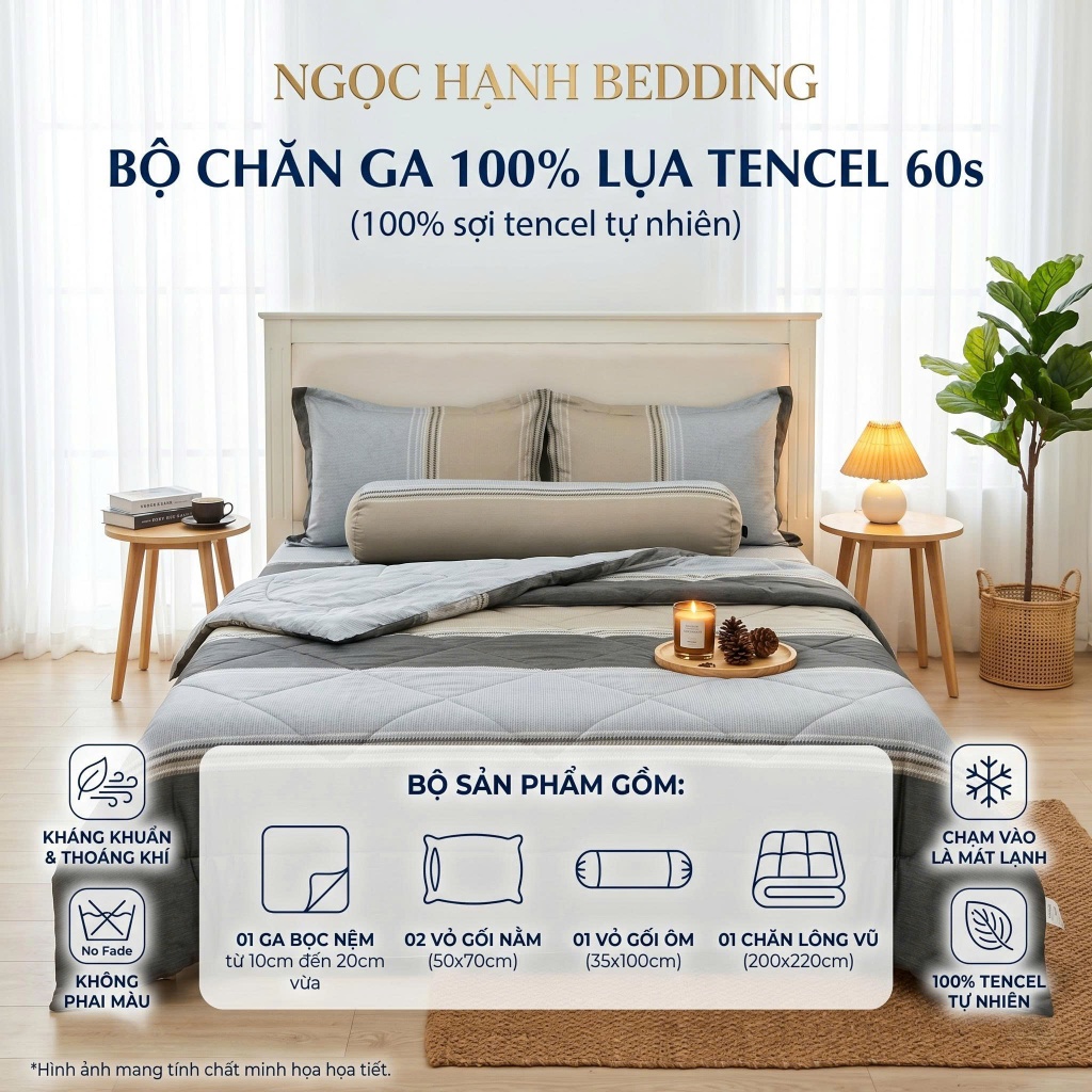 BST1 - BỘ GA LỤA TENCEL 60s MÁT LẠNH, MỀM MỊN, THOÁNG KHÍ nệm 10cm đến 20cm - Ngọc Hạnh Bedding