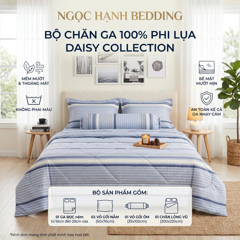 Bộ Ga Gối Phi Lụa Daisy Collection mềm mướt, thoáng mát dành cho nệm 10cm đến 20cm -  Ngọc Hạnh Bedding