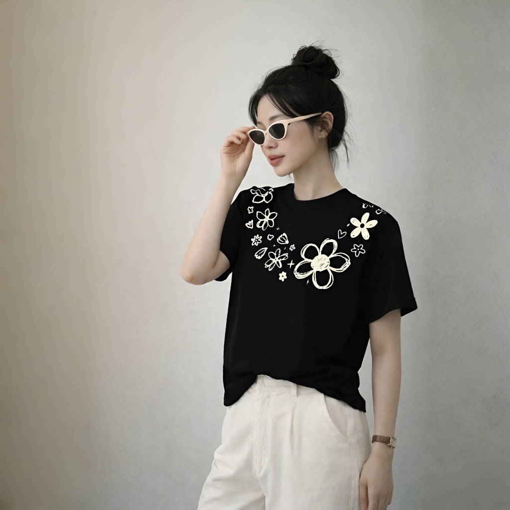 Áo Thun Hoa Viền Cổ Basic, Chất Cotton Mềm Mịn, Có Kèm Hình Thật.