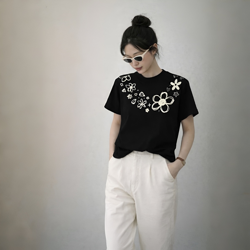 Áo Thun Hoa Viền Cổ Basic, Chất Cotton Mềm Mịn, Có Kèm Hình Thật.
