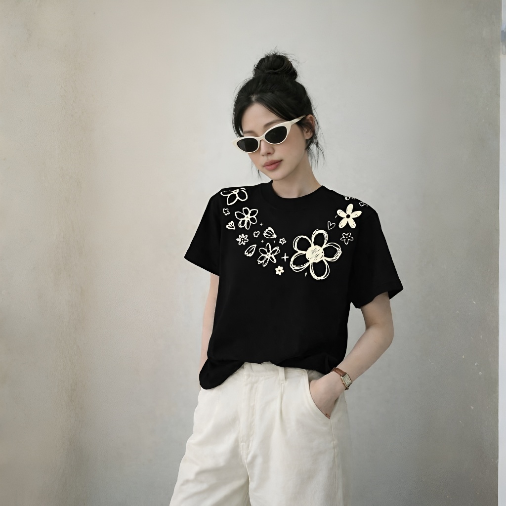 Áo Thun Hoa Viền Cổ Basic, Chất Cotton Mềm Mịn, Có Kèm Hình Thật.